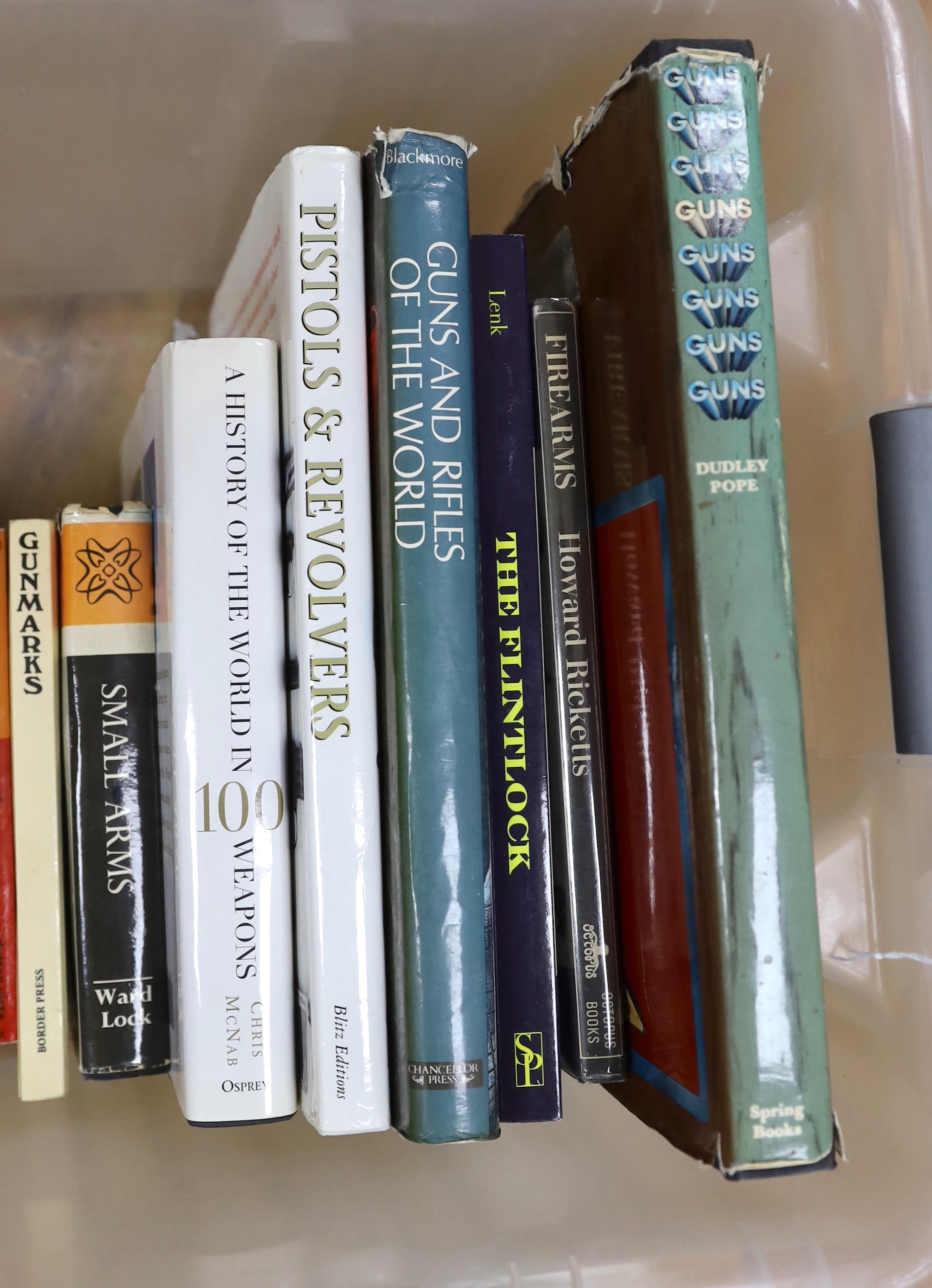 A collection of weapon reference books, mainly relating to pistols and revolvers, titles include; The Flintlock, its Origin, Development and Use, Guns and Rifles of the World, English Pistols and Revolvers, Firearms, etc